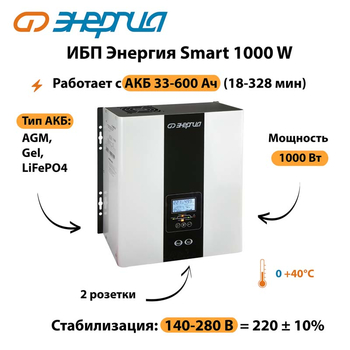 ИБП Энергия Smart 1000W - ИБП и АКБ - Энергия ИБП Smart - . Магазин оборудования для автономного и резервного электропитания Ekosolar.ru в Петропавловске-камчатском