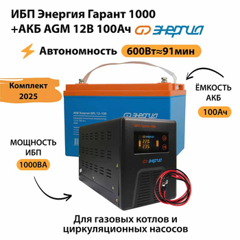 ИБП для котла Энергия Гарант 1000 + Аккумулятор 100 Ач 12 В (600Вт - 91мин) - ИБП и АКБ - ИБП для котлов - . Магазин оборудования для автономного и резервного электропитания Ekosolar.ru в Петропавловске-камчатском