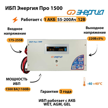 Энергия ИБП Про 1500 12В - ИБП и АКБ - ИБП для котлов - . Магазин оборудования для автономного и резервного электропитания Ekosolar.ru в Петропавловске-камчатском