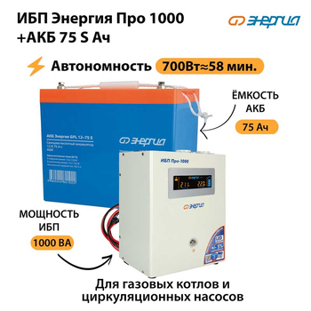 ИБП Энергия Про 1000 + Аккумулятор S 75 Ач - 12В (700Вт - 59мин) - ИБП и АКБ - ИБП для котлов - . Магазин оборудования для автономного и резервного электропитания Ekosolar.ru в Петропавловске-камчатском
