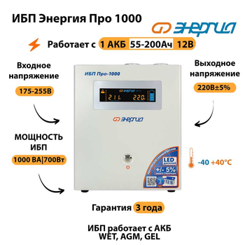 Энергия ИБП Про 1000 12В - ИБП и АКБ - ИБП для котлов - . Магазин оборудования для автономного и резервного электропитания Ekosolar.ru в Петропавловске-камчатском
