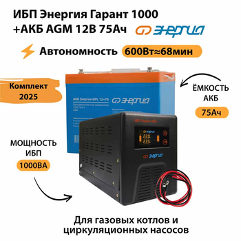 ИБП для котла Энергия Гарант 1000 + Аккумулятор 75 Ач 12 В (600Вт - 68мин) - ИБП и АКБ - ИБП для котлов - . Магазин оборудования для автономного и резервного электропитания Ekosolar.ru в Петропавловске-камчатском