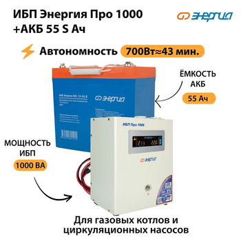 ИБП Энергия Про 1000 + Аккумулятор S 55 Ач - 12В (700Вт - 43мин) - ИБП и АКБ - ИБП для котлов - . Магазин оборудования для автономного и резервного электропитания Ekosolar.ru в Петропавловске-камчатском