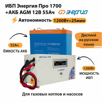 ИБП для котла Энергия Про 1700 + Аккумулятор 55 Ач 12 В (1200Вт - 25мин) - ИБП и АКБ - ИБП для котлов - . Магазин оборудования для автономного и резервного электропитания Ekosolar.ru в Петропавловске-камчатском