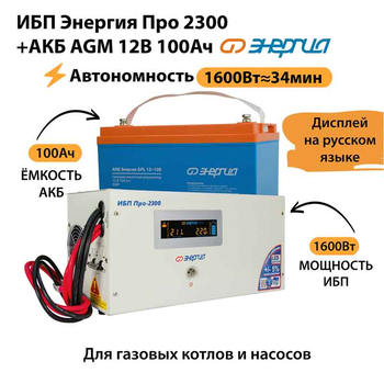 ИБП для котла Энергия Про 2300 + Аккумулятор 100 Ач 12 В (1600Вт - 34мин) - ИБП и АКБ - ИБП для котлов - . Магазин оборудования для автономного и резервного электропитания Ekosolar.ru в Петропавловске-камчатском
