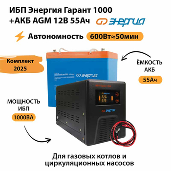 ИБП для котла Энергия Гарант 1000 + Аккумулятор 55 Ач 12 В (600Вт - 50мин) - ИБП и АКБ - ИБП для котлов - . Магазин оборудования для автономного и резервного электропитания Ekosolar.ru в Петропавловске-камчатском