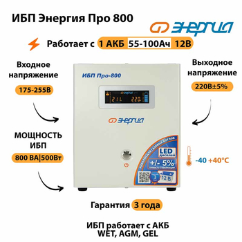 Энергия ИБП Про 800 12В - ИБП и АКБ - ИБП для котлов - . Магазин оборудования для автономного и резервного электропитания Ekosolar.ru в Петропавловске-камчатском