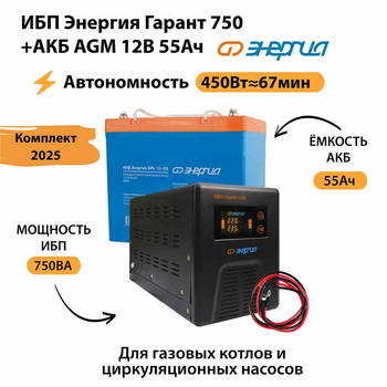 ИБП для котла Энергия Гарант 750 + Аккумулятор 55 Ач 12 В (450Вт - 67мин) - ИБП и АКБ - ИБП для котлов - . Магазин оборудования для автономного и резервного электропитания Ekosolar.ru в Петропавловске-камчатском