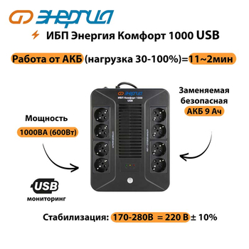 ИБП Комфорт 1000 USB Энергия - ИБП и АКБ - ИБП для компьютера - . Магазин оборудования для автономного и резервного электропитания Ekosolar.ru в Петропавловске-камчатском