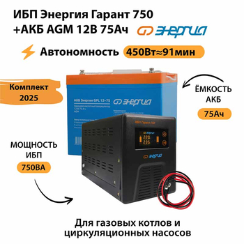 ИБП для котла Энергия Гарант 750 + Аккумулятор 75 Ач 12 В (450Вт - 91мин) - ИБП и АКБ - ИБП для котлов - . Магазин оборудования для автономного и резервного электропитания Ekosolar.ru в Петропавловске-камчатском