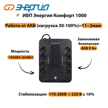 ИБП Комфорт 1000 Энергия - ИБП и АКБ - ИБП для компьютера - . Магазин оборудования для автономного и резервного электропитания Ekosolar.ru в Петропавловске-камчатском