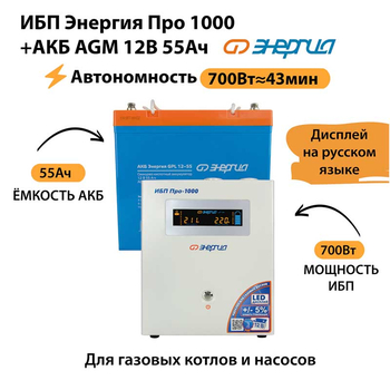 ИБП для котла Энергия Про 1000 + Аккумулятор 55 Ач 12 В (700Вт - 43мин) - ИБП и АКБ - ИБП для котлов - . Магазин оборудования для автономного и резервного электропитания Ekosolar.ru в Петропавловске-камчатском