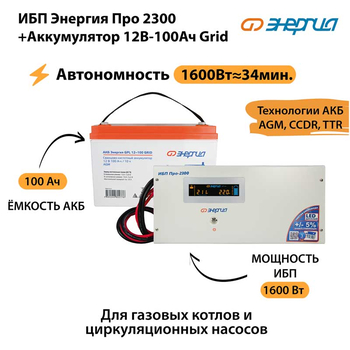 ИБП для котла Энергия Про 2300 + Аккумулятор Grid 100 Ah 12 v (1600Вт - 34мин) - ИБП и АКБ - ИБП для котлов - . Магазин оборудования для автономного и резервного электропитания Ekosolar.ru в Петропавловске-камчатском